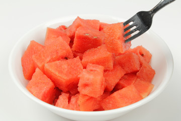 Watermelon Chunks in Bowl with Fork