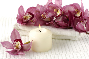 Spa composition (white towel and pink orchids)