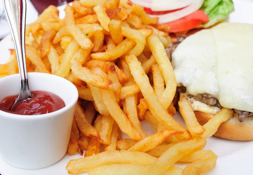 American cheese burger and French fries