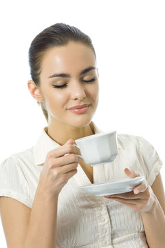 Young happy woman with cup of coffee, isolated on white