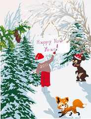 new year illustration with snow forest