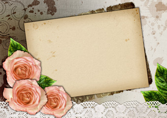 Card for congratulation or invitation with old paper  and  roses