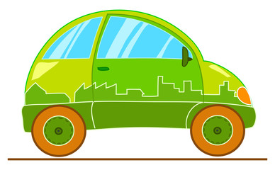 Simpatica automobile verde su sfondo bianco