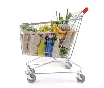 Shopping Trolley Full Of Grocery Isolated On White Background.