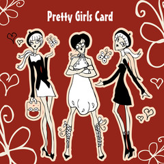 Pretty cartoon girls silhouette card fashion french style retro