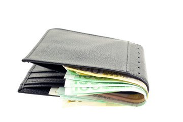 black leather wallet with euro notes