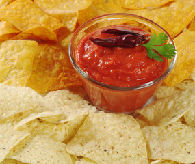 Tomato-chili dip with tacos (Selective Focus)