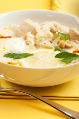 Yogurt chicken and rice soup