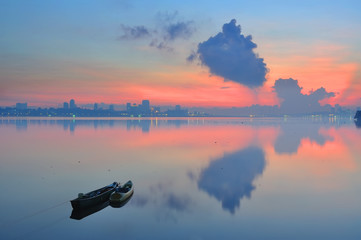 Fototapeta premium Singapore Kranji beach with skyline behind..