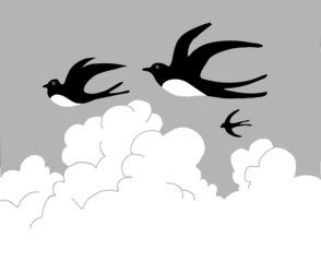 vector drawing swallow flying to cloudy sky