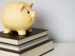 piggybank on pile of books