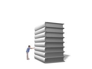 Boy push pile of white books over white background