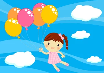 Zelfklevend Fotobehang klein meisje dat met ballonnen vliegt © Angela