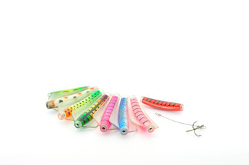 fishing lures with hooks isolated on white