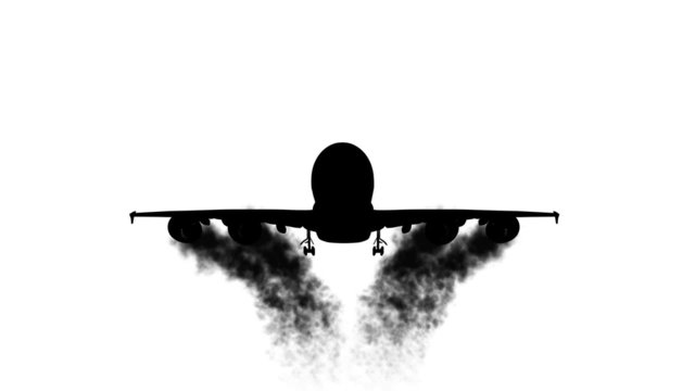 Black aircraft with engine smoke