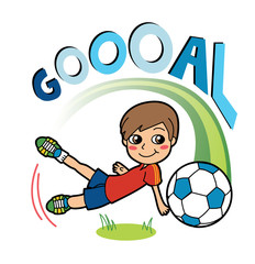 Boy playing soccer and scoring a goal