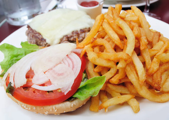 American cheese burger and French fries