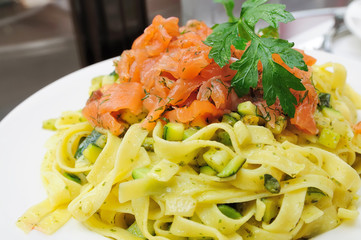 plate of pasta and smoked salmon