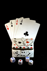 Poker hand with 4 aces & dice box