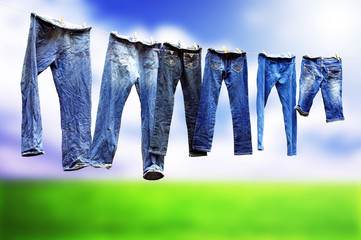 Jeans on a clothesline to dry