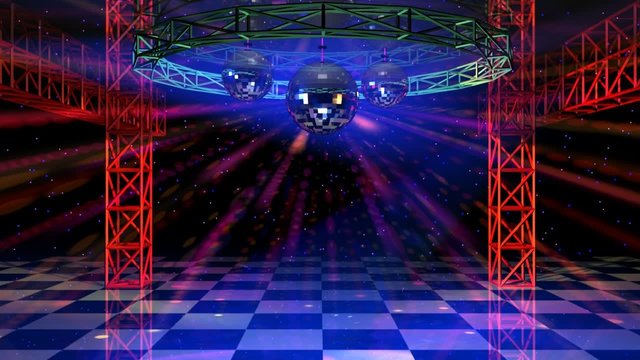 Dance floor with mirror balls and red lattice framework