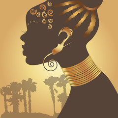 Stylized black woman silhouette on golden background.