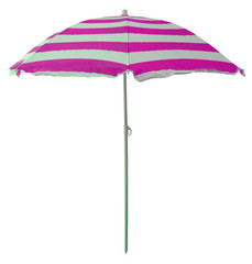 parasol de plage avec bandes roses et blanches, fond blanc