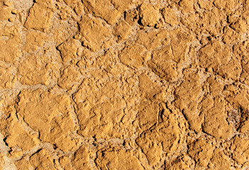 Fototapeta premium This dried mud texture features a natural pattern of cracked earth with deep fissures and raised clay segments. The arid surface displays warm golden tones and organic relief in high detail.