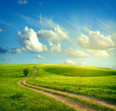 Fototapeta Summer landscape with green grass, road and clouds