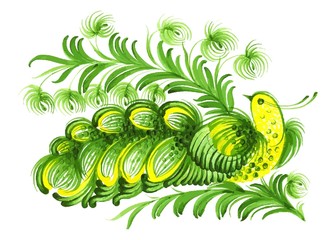Bird green on the decorative flowers vector