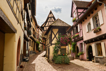 Fototapeta na wymiar Timbered houses in the village of Eguisheim in Alsace, France