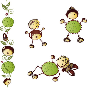 Herbst, Kastanien, Figuren, Bl&auml;tter, Laub, Vector Set