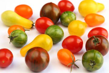 Varieties of tomato on white fabric