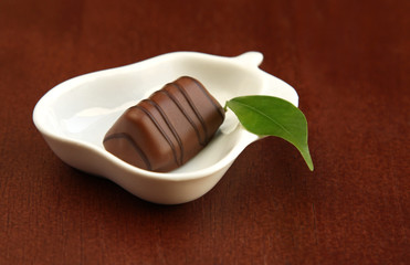Piece of chocolate and green leaf