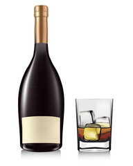 Bottle and whiskey in glass. Vector.