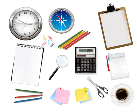 A clock, calculator and some office supplies. Vector.