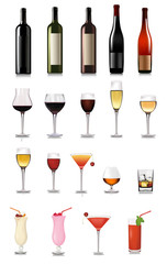 Set of different drinks and cocktails. Vector illustration.