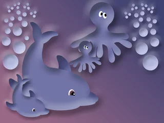 Poster Dolfijn met baby en octopus met baby © fotodddelli