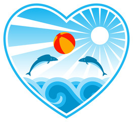 fishes playing with beach ball in heart