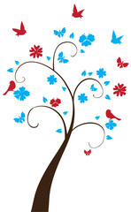 floral tree with birds and butterflies