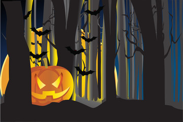 Vector illustration of a lighted pumpkin in the dark forest