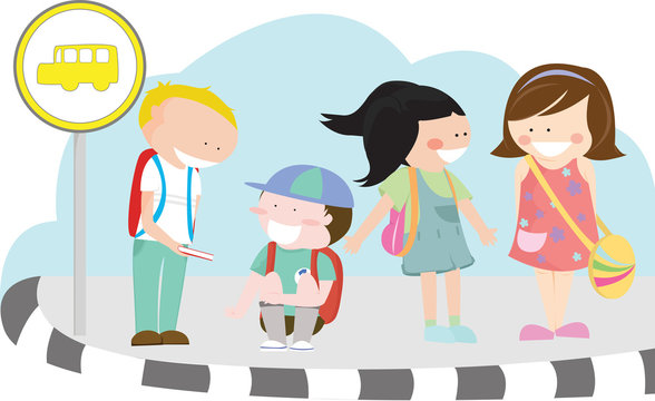 Vector illustration of children waiting for school bus
