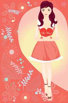 Vector illustration of a valentine girl holding a heart sign