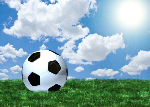 Soccer ball on green grass under blue sky
