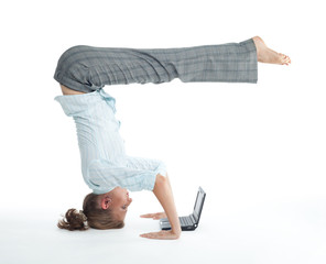 Woman browsing  in unusual pose
