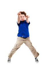 Boy jumping, running isolated on white background
