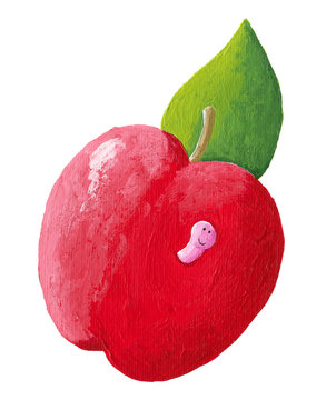 Red Apple With Cute Pink Worm