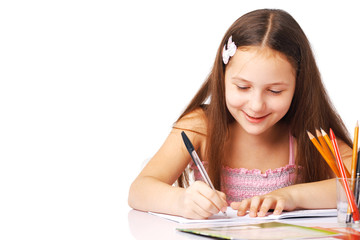 Smiling Little Girl Writing Something.