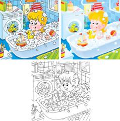 Little girl plays with her toys in a bath (3 illustrations)