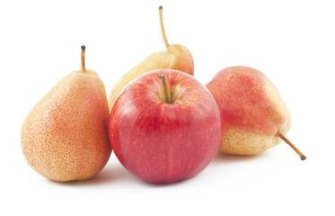 Red apple and ripe pears on white